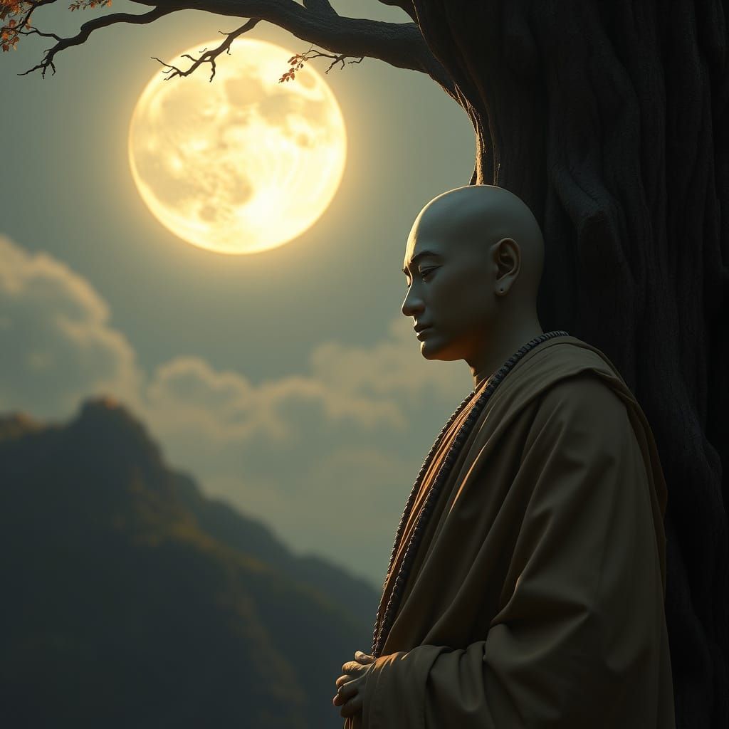 Serene Bhikkhu under Autumn Moonlight