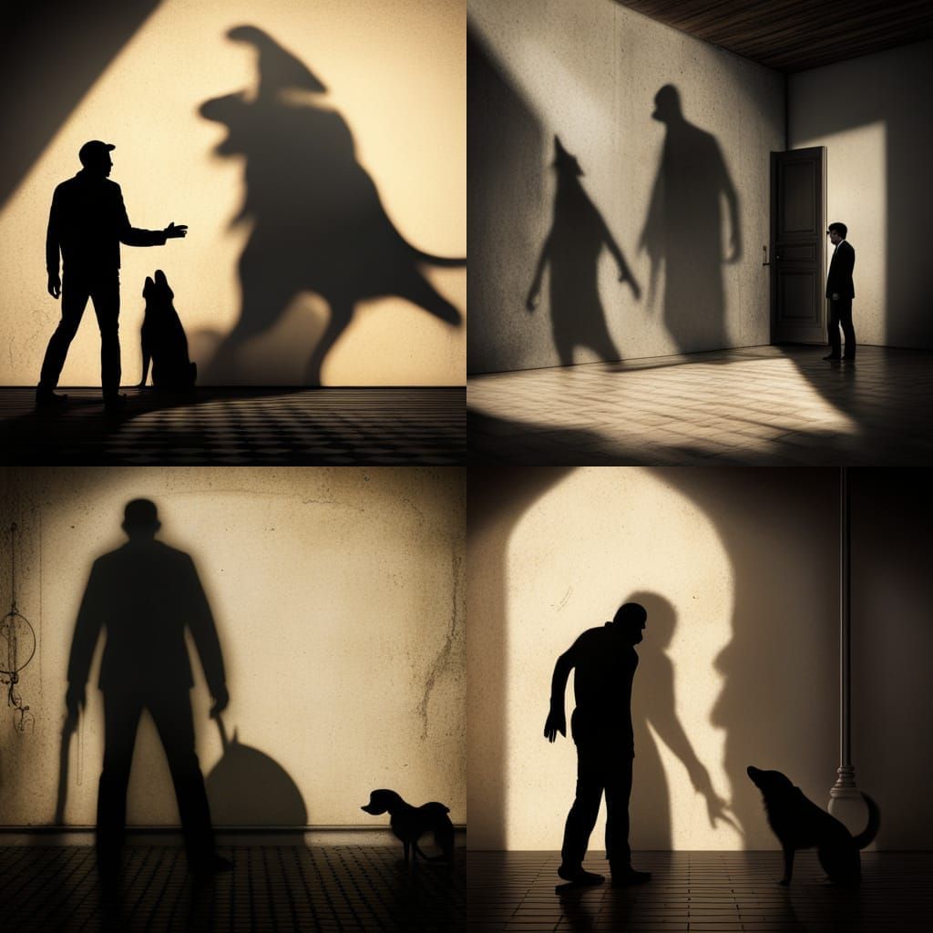 Shadowy Illumination of a man Casting a Large Shadow of a dog against the wall