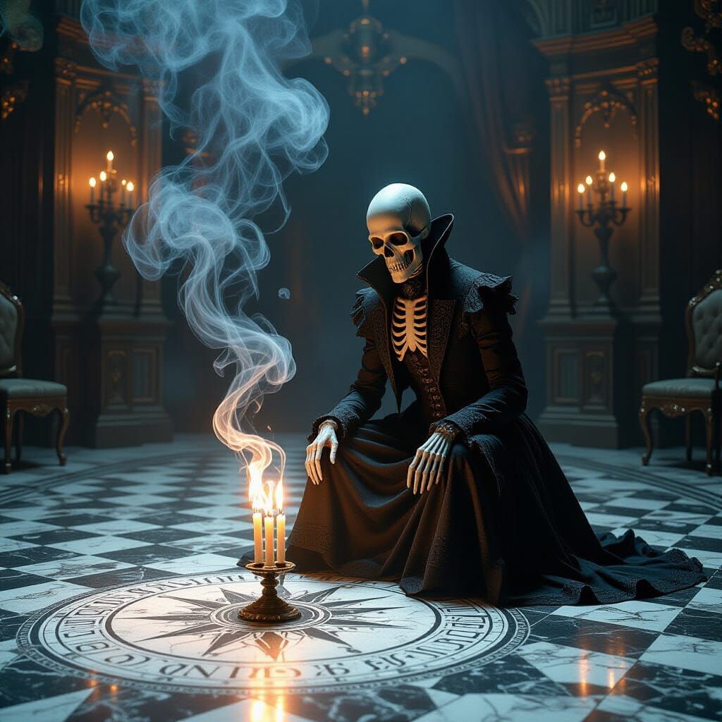 A skeletal figure, adorned in tattered Victorian finery, presides over a clandestine occult ritual in a grand, decaying ballroom. Ethereal s...