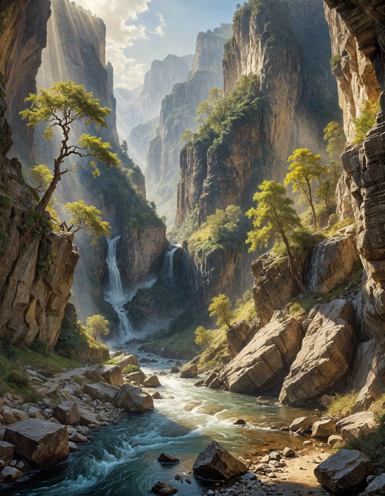 A beam of sunlight entlights the deep gorge.  by @Terra