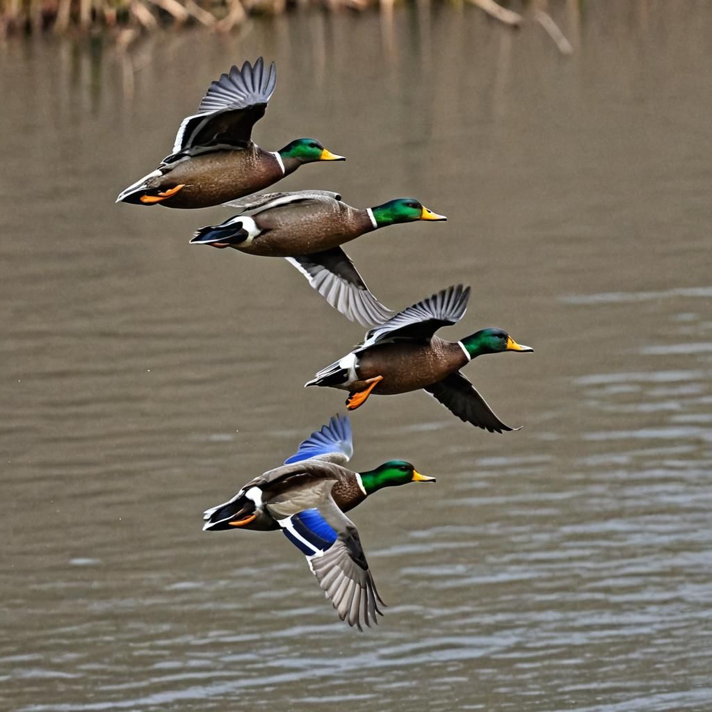 Mallard ducks in flight, wingtip to wingtip