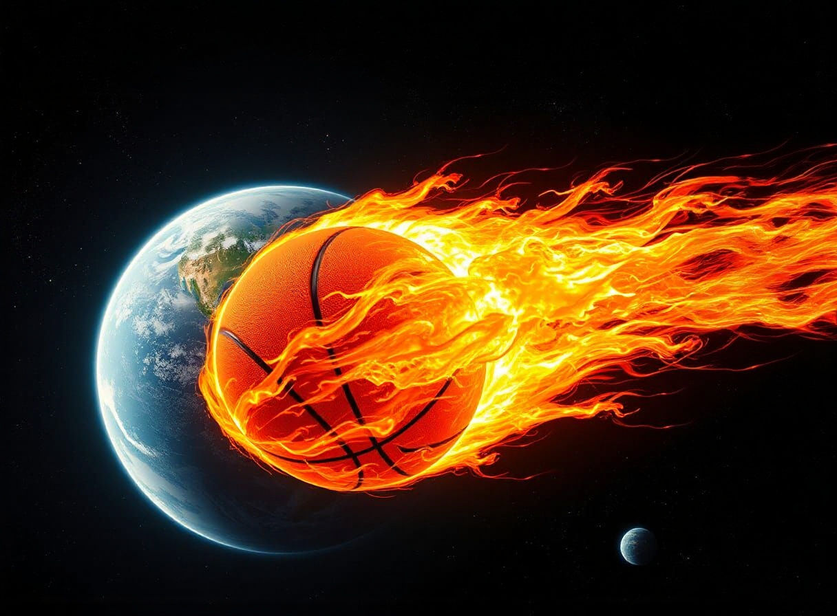 A fiery basketball ball hurling through space with a fiery tail like an asteroid, planet earth in the background