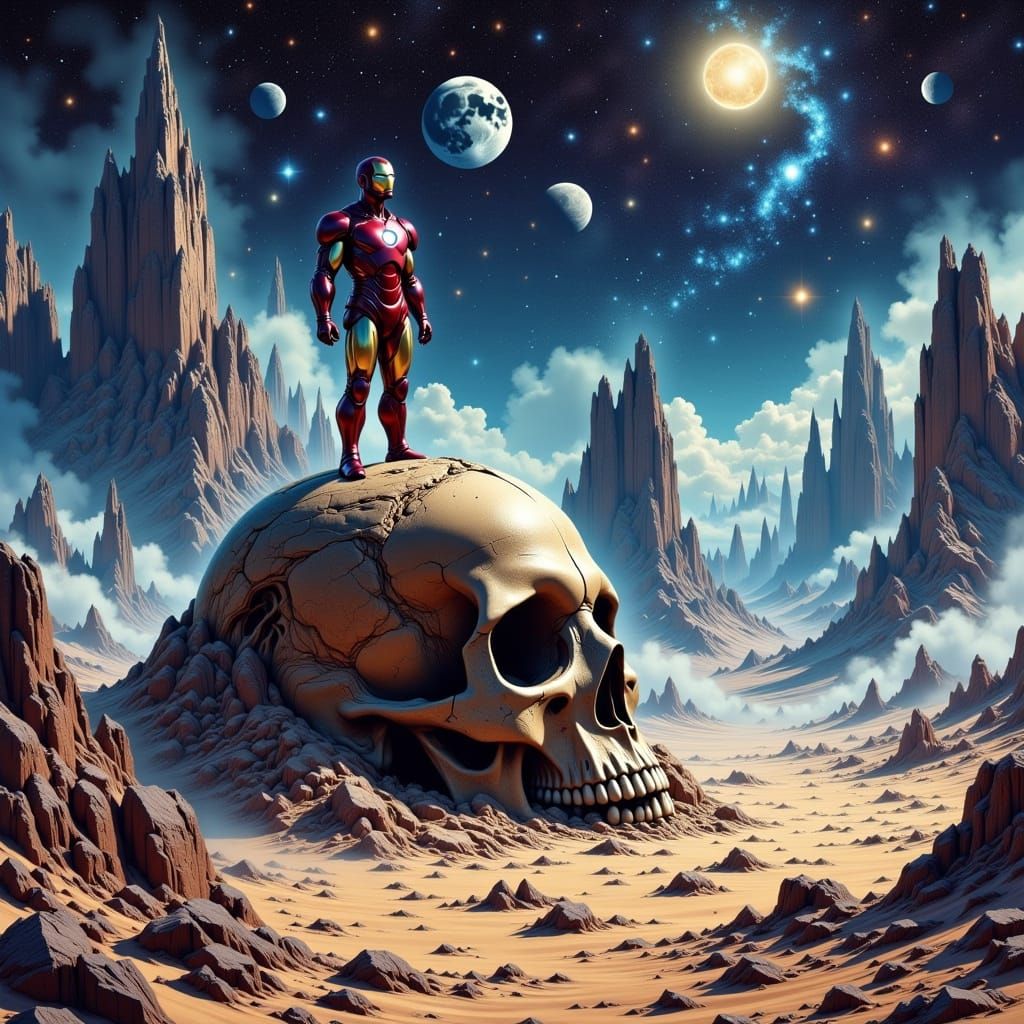 <lora:mystic flux:1.0> <lora:Wild Serenity:1.0> <lora:SuperHyperrealismFlx:1.0> A colossal, weathered skull lies half-buried in a desert of ...