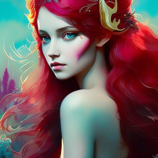 beautiful girl with big wild wavy fluid bright "red" hair an...