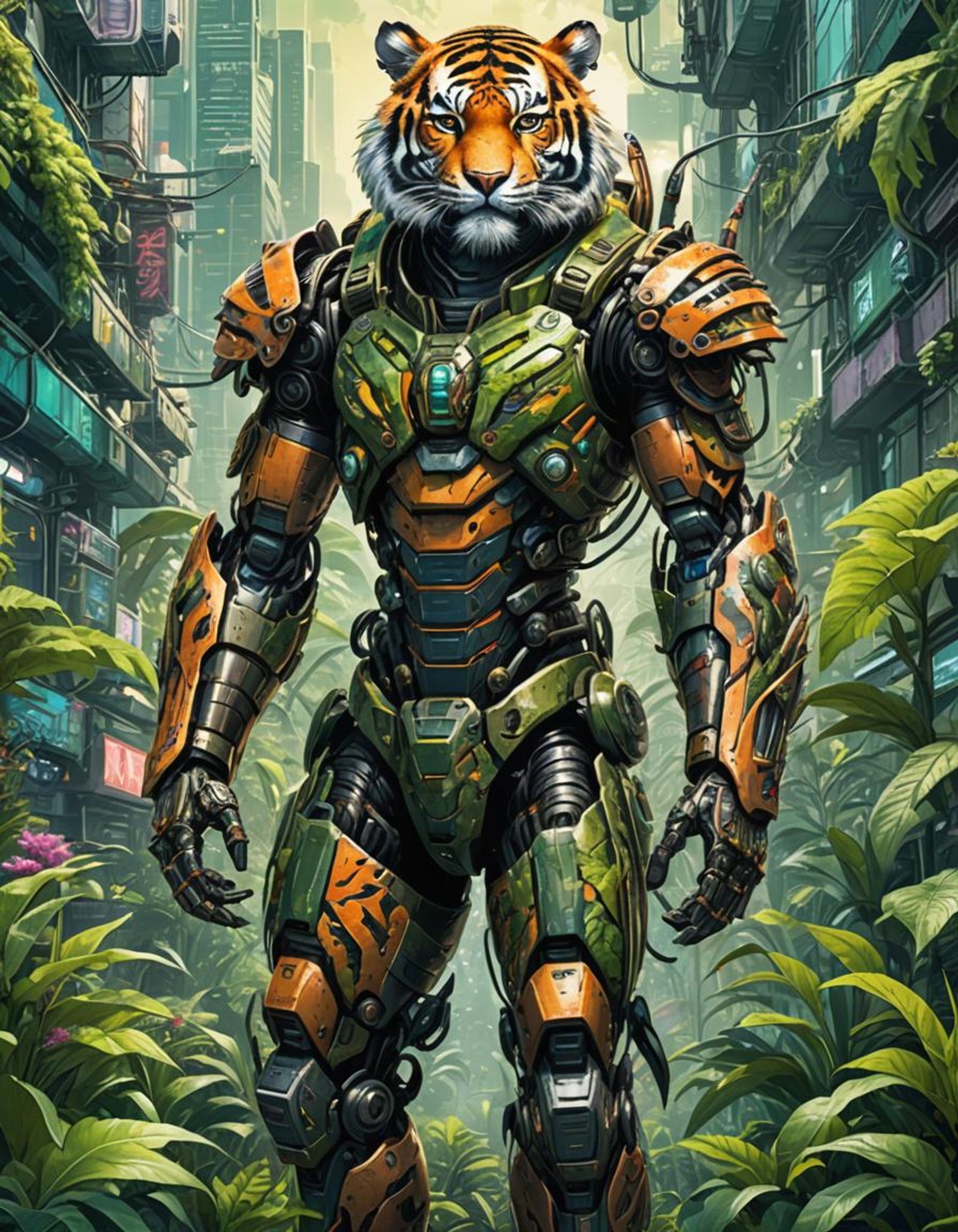 An biopunk style poster illustration of (biopunk humanoid tiger warrior ...