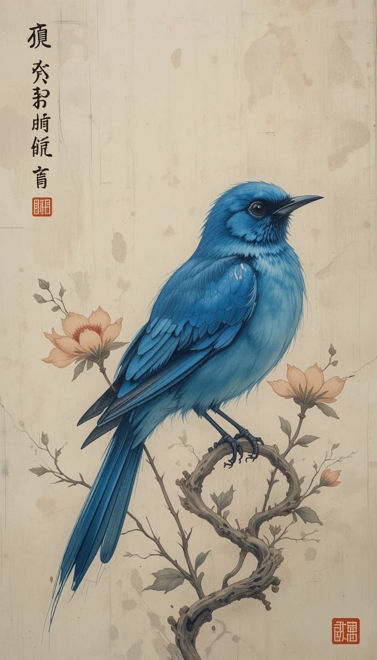 Blue bird in ink painting
