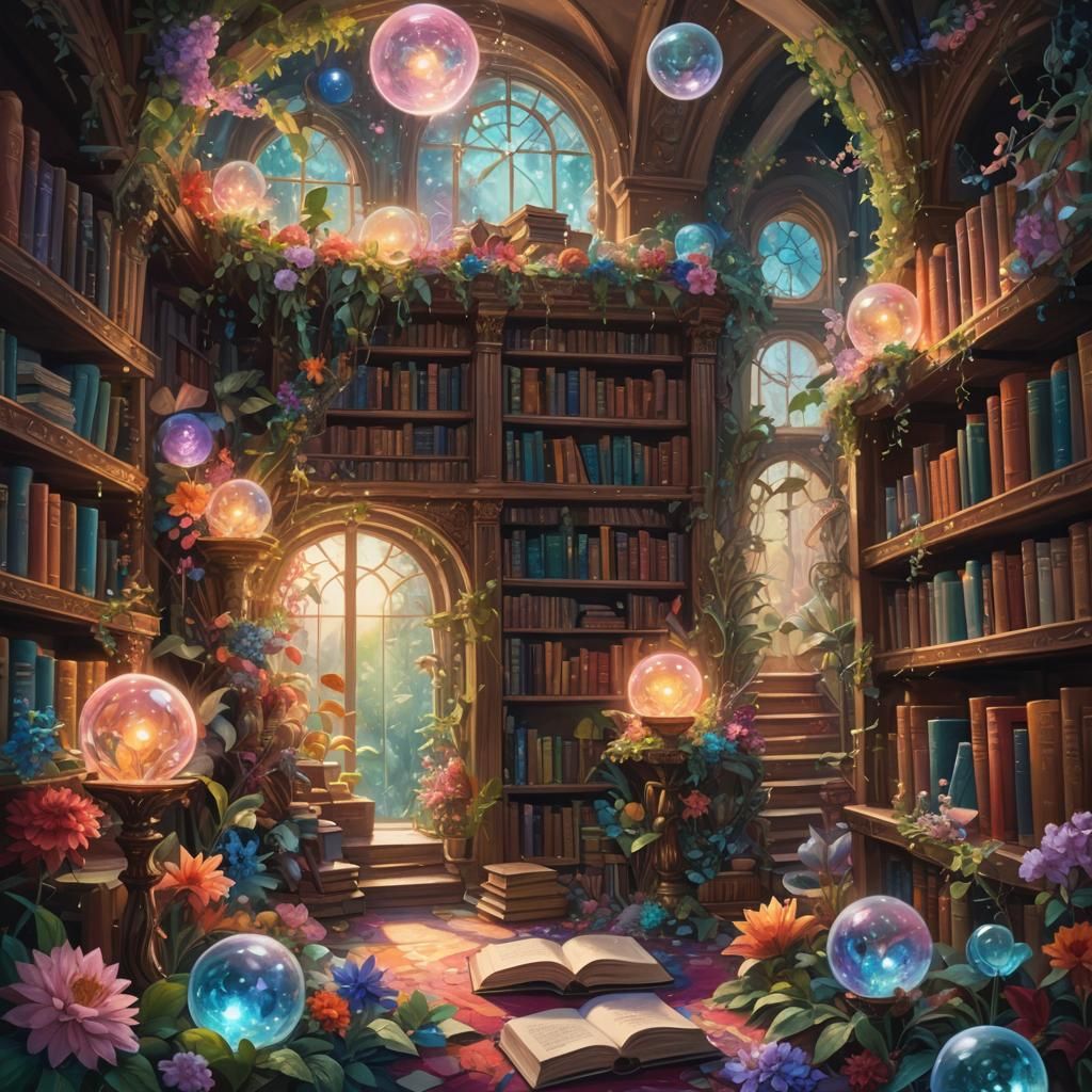 Beautiful Mystical library, several tiers, books. Artwork. Fantasy. Bright colours.  Flowers, plants, ...  by @Psyfeara