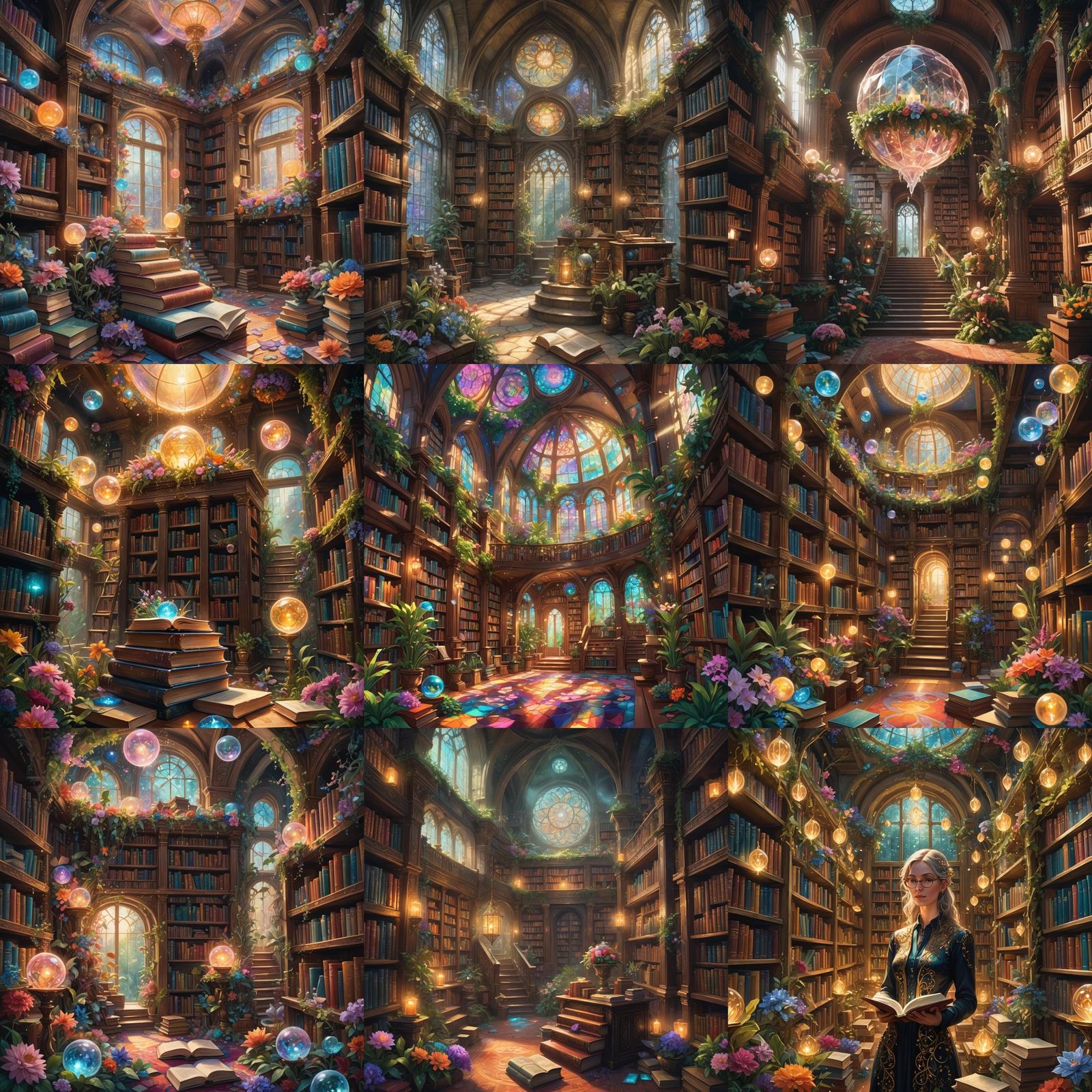 Beautiful Mystical library, several tiers, books. Artwork. Fantasy. Bright colours.  Flowers, plants, orbs, crystals, ma...