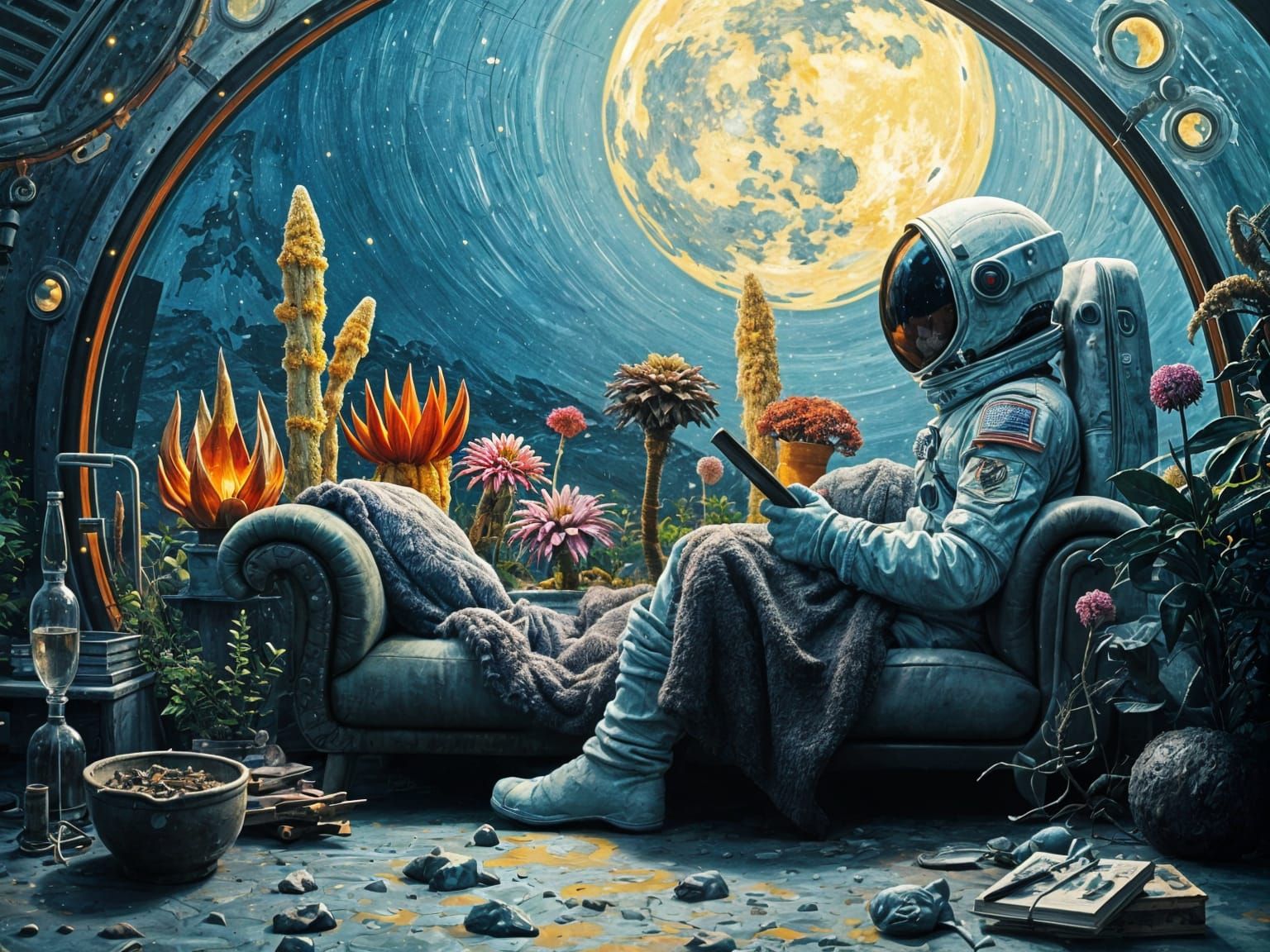 A lone astronauts cozy reading nook  by @Harmanna