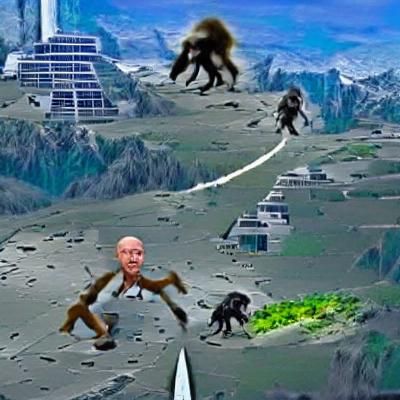 Jeff Bezos supervillain chased by apes escaping earth