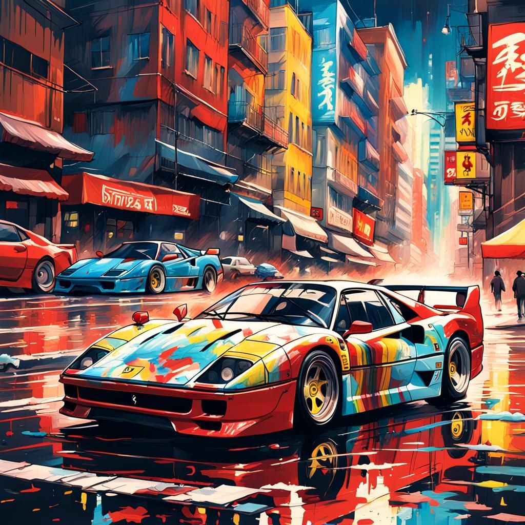 Ferrari F40 street racing through city, graffiti art, splash art ...