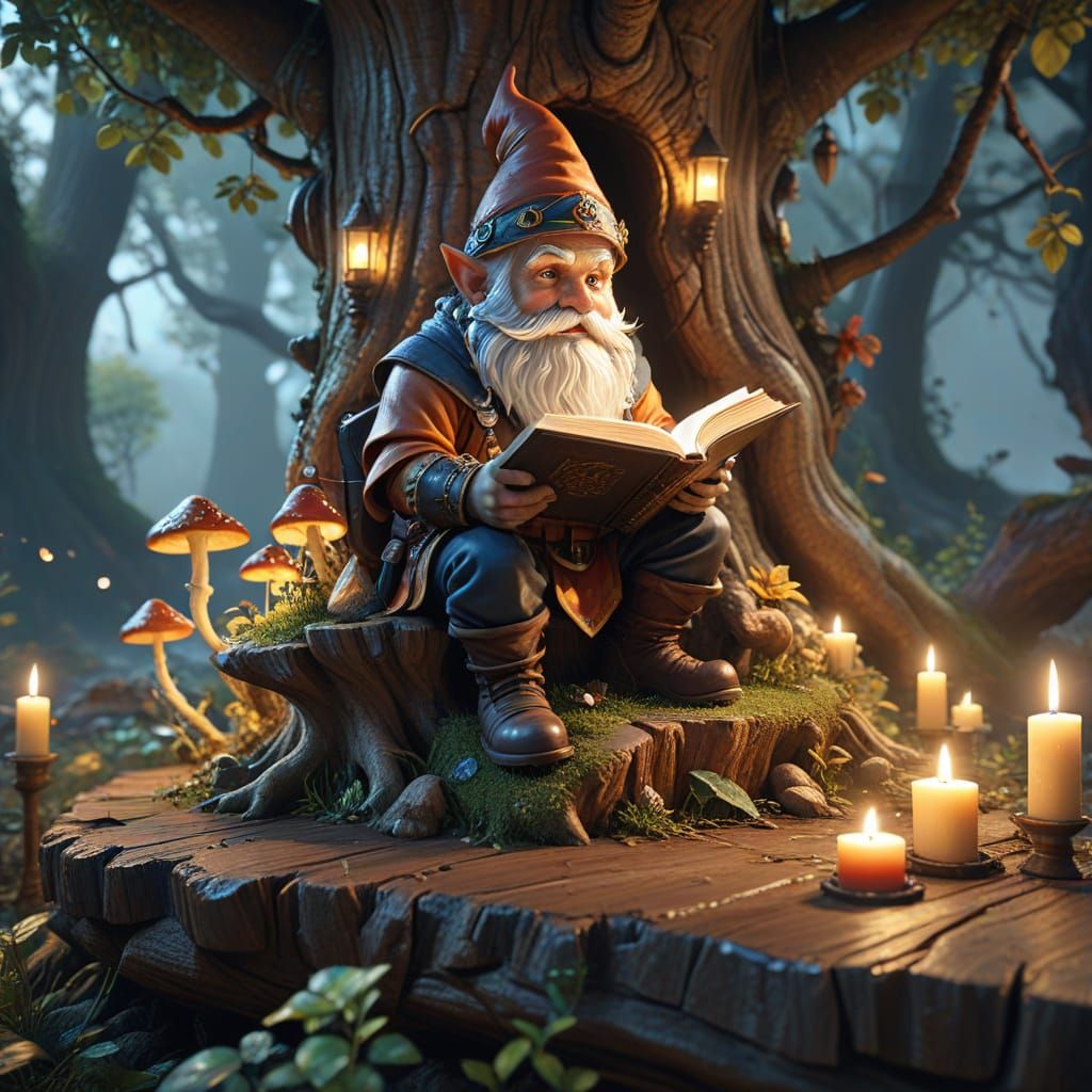 Gnome Reads in Magical Tree Library, Anime Style