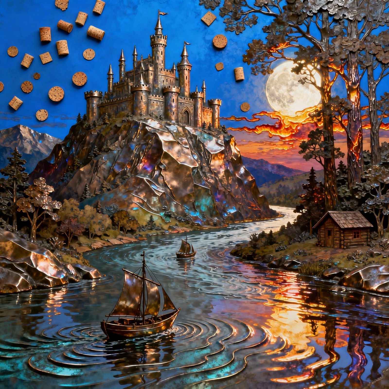 Fantasy Castle on Mountain with Embossed Metal Texture