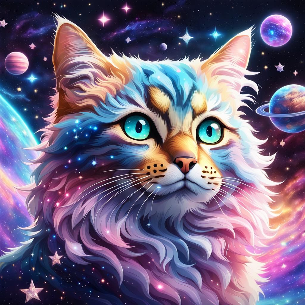 Cute Galaxy Cat Floating in Space: 3D Anime Art