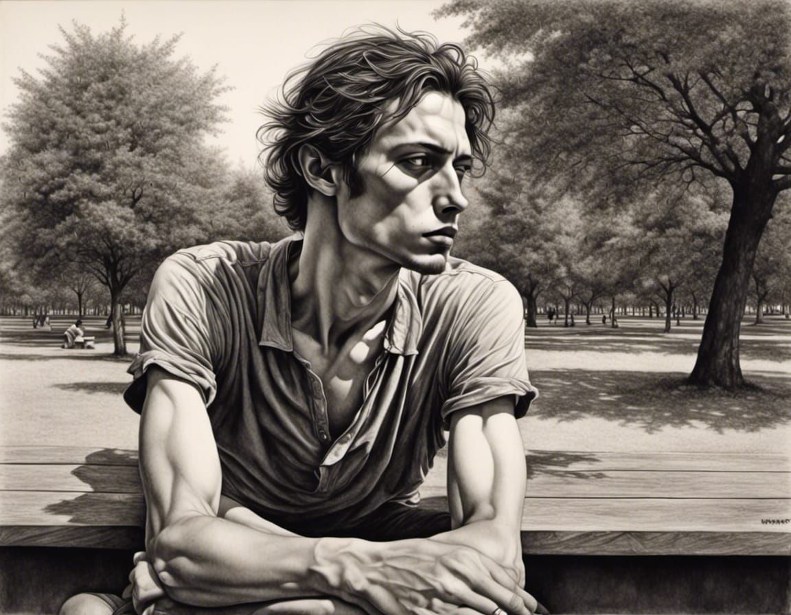 <lora:Hyperrealistic face:1.0> A hyperrealistic young man in a park on a bench. Detailed face, in thought.