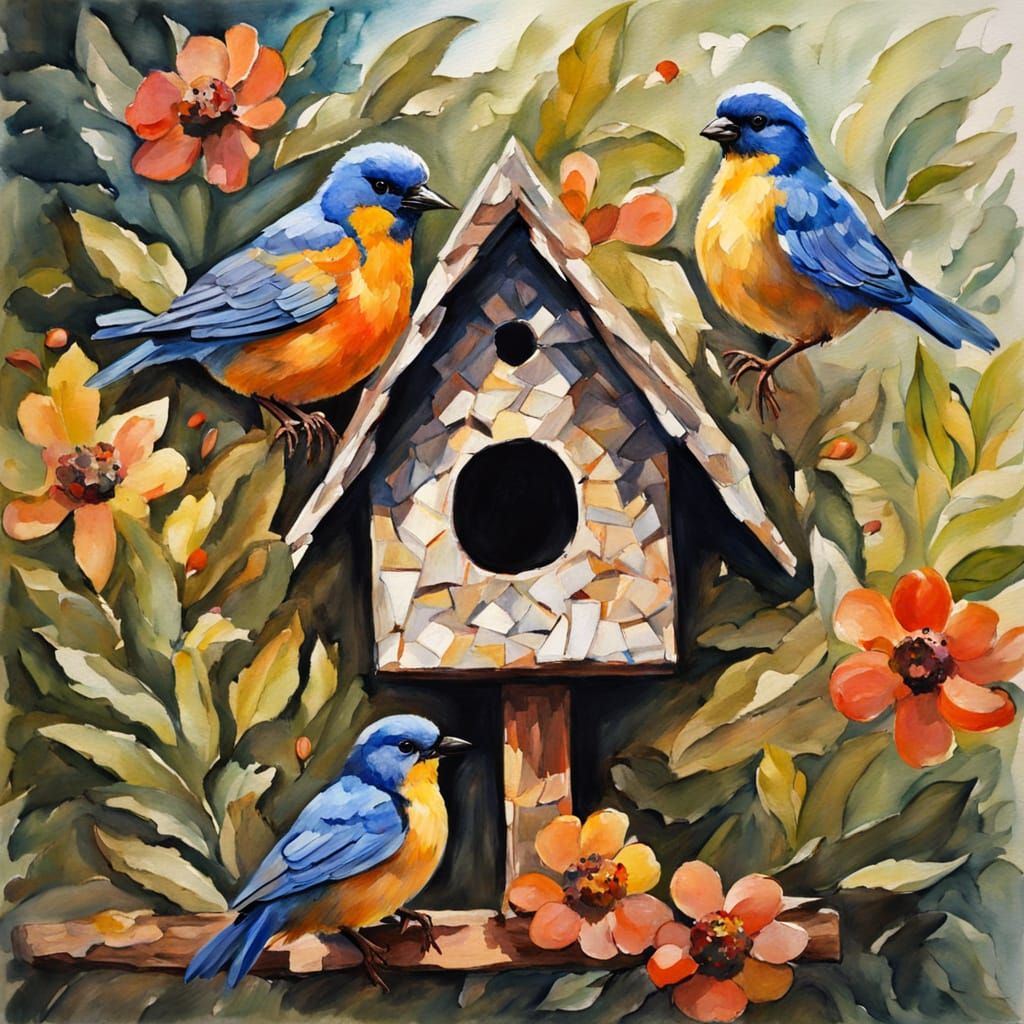 Imagine a cozy birdhouse made entirely of tightly woven feathers of different sizes and shades. The walls look soft, with a mosaic of patter...