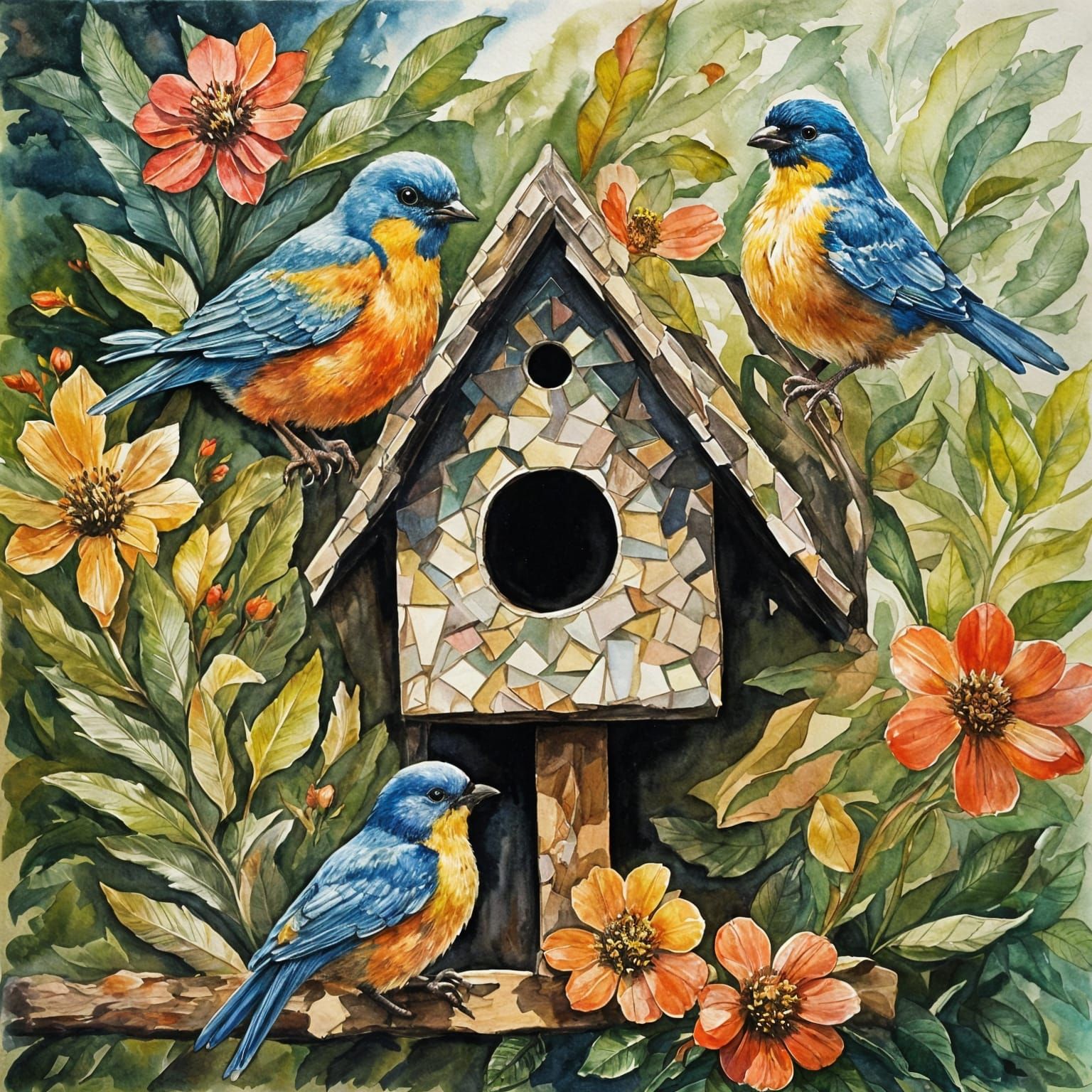 Imagine a cozy birdhouse made entirely of tightly woven feathers of different sizes and shades. The walls ...  by @Likvi