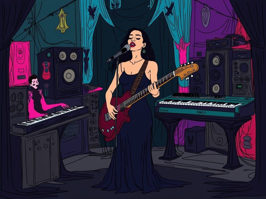 MTV cartoon of a grungegoth indie band with female lead and a synthesizer artist <lora:PXSketchFlux:1.0>