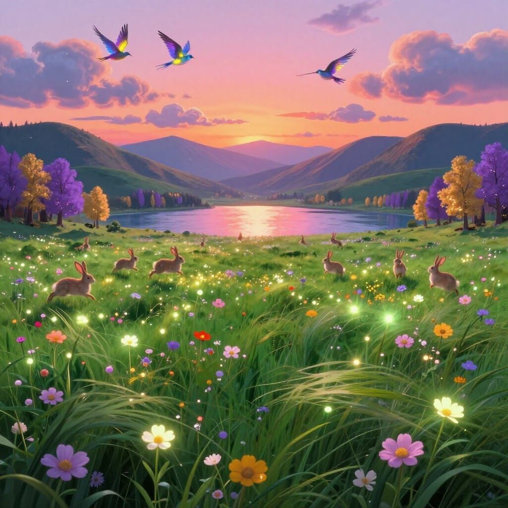 Magical Landscape with Glowing Flowers and Surreal Sky