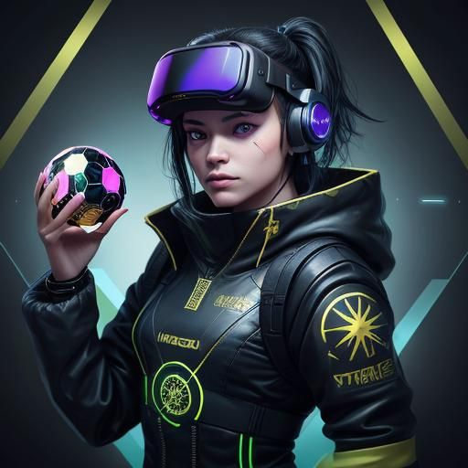 cyberpunk female wearing a vr headset embelished with gold s...