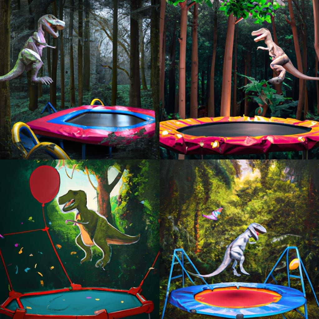 A TRex jumping on a trampoline having fun in a magical forest. AI