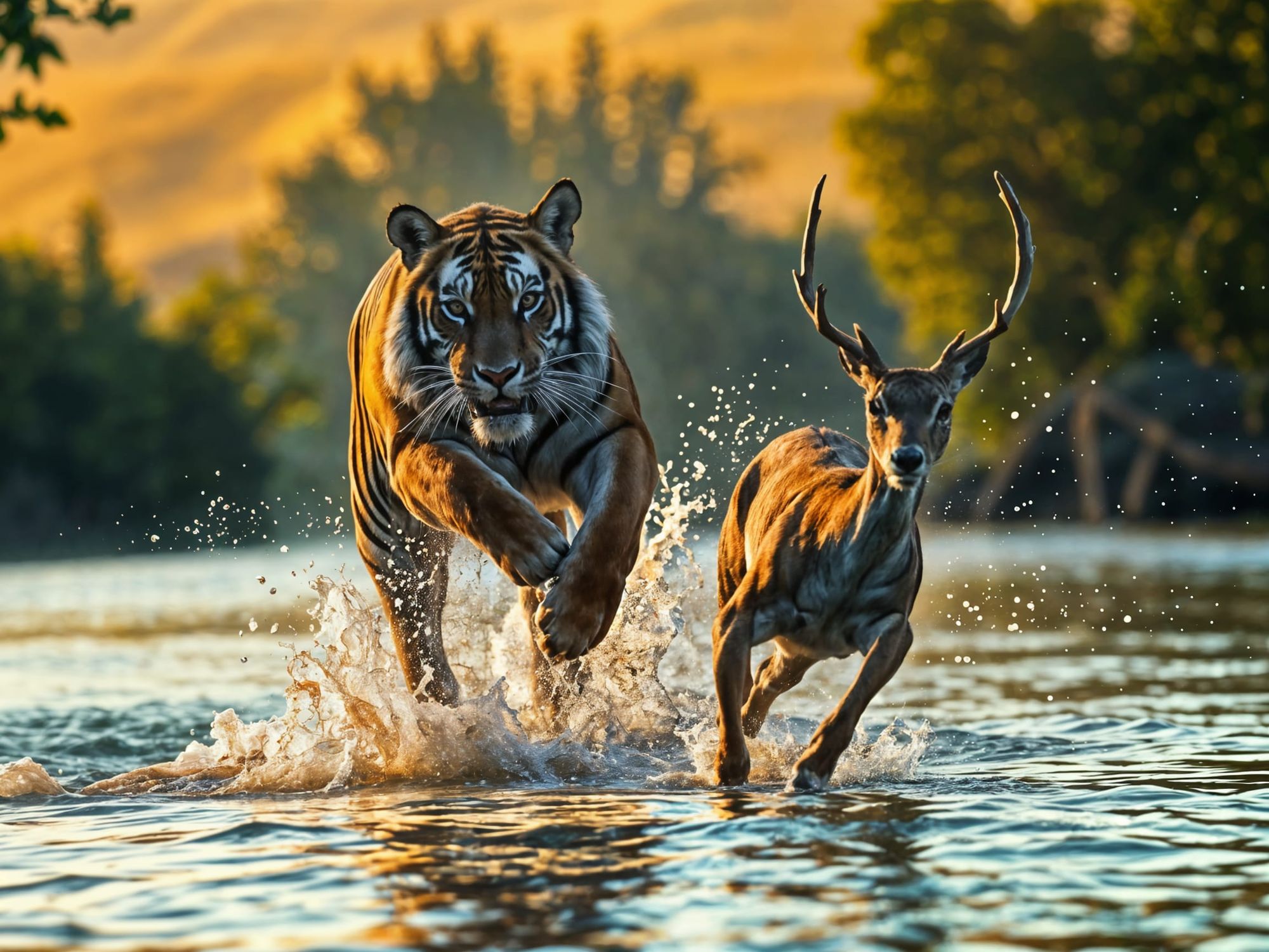 A tiger running at full speed after a deer, as they cross a river.