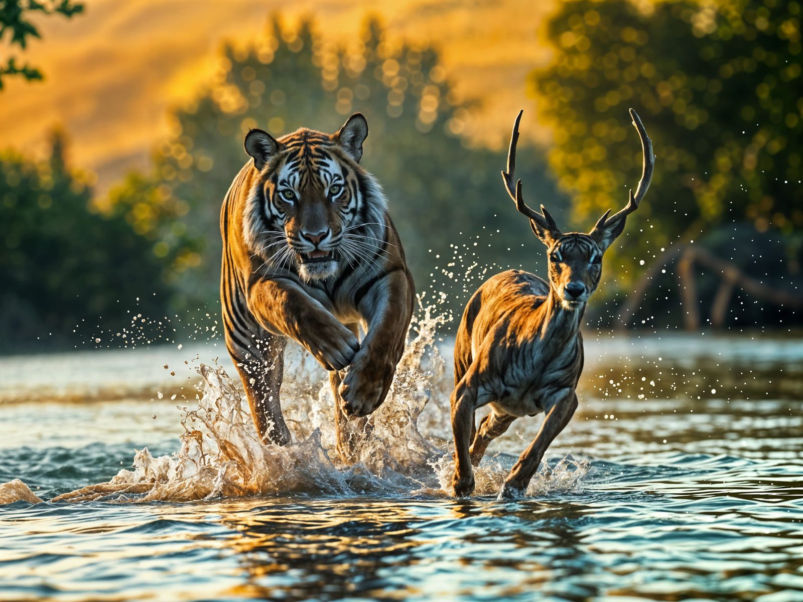 A tiger running at full speed after a deer, as they cross a river.  by @Berserk89