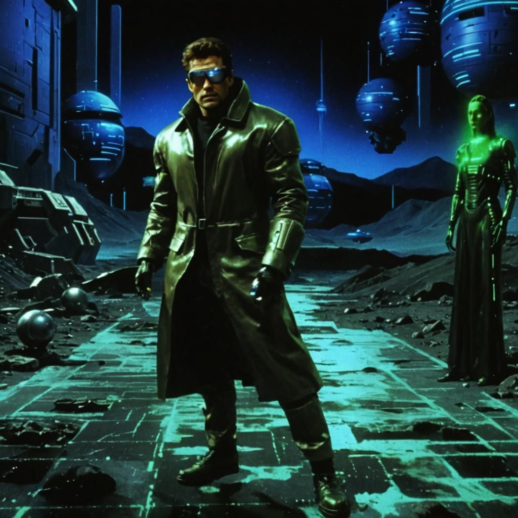 1990's style sci-fi movie scene. Grainy VHS quality, random ...