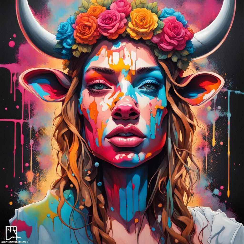 Queen Cow, Texas, beautiful, graffiti art, splash art, stree...