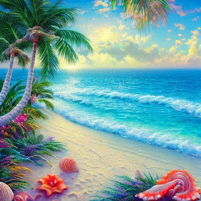 Tropical beach, shells, clear water, colorful coral, palm trees, sand ...