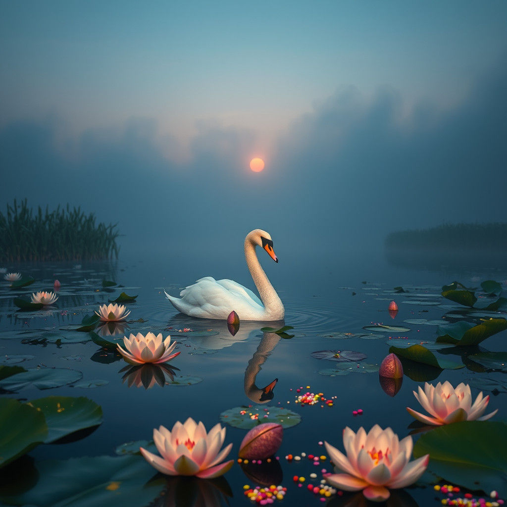 Swan on Misty Lake in Cinematic Futurism