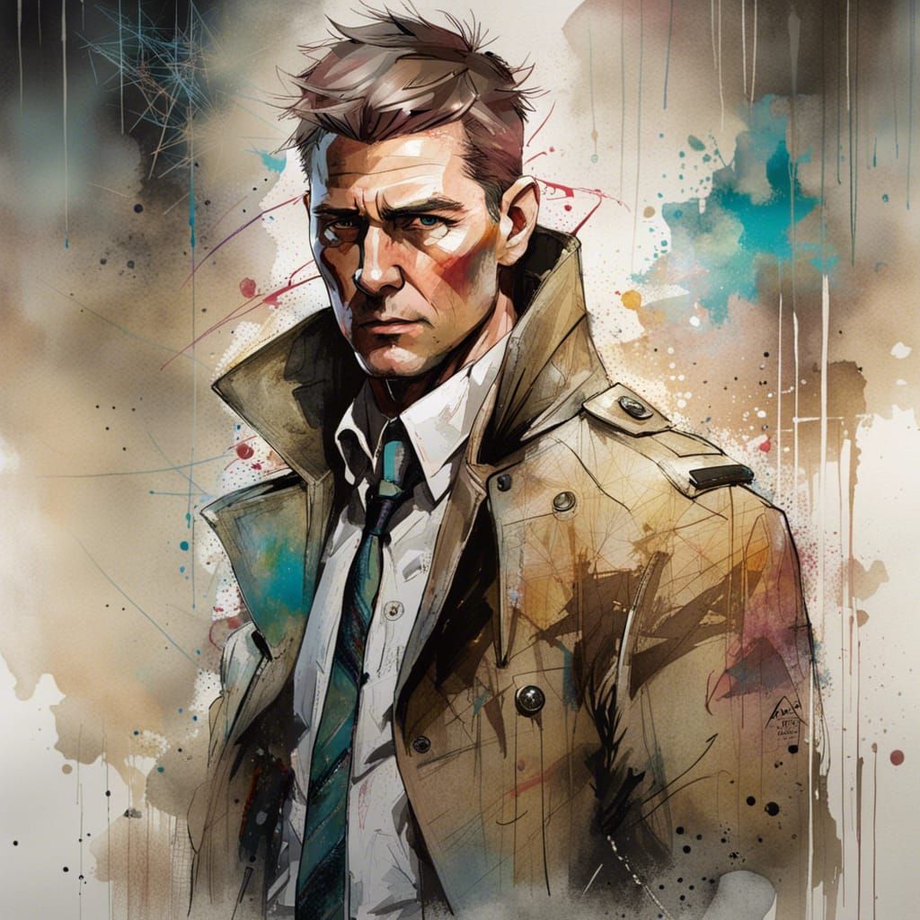 Alan Ricthson ; trench coat; anime portrait of detective Jack Reacher ...