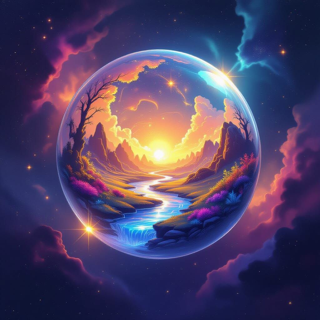 Magical World Inside Crystal Sphere in Cosmic Nebula