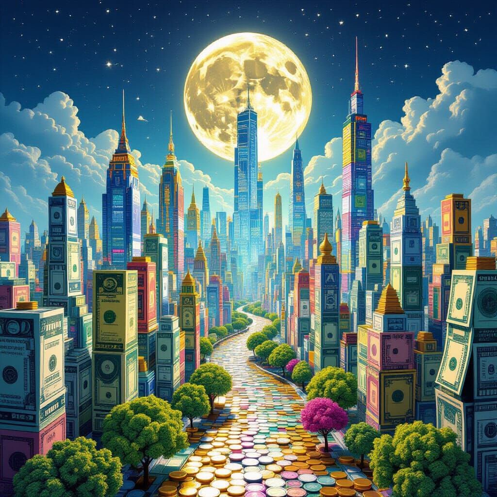 An enormous futuristic city built entirely from money, towering skyscrapers made of colorful banknotes from around the world, streets paved ...