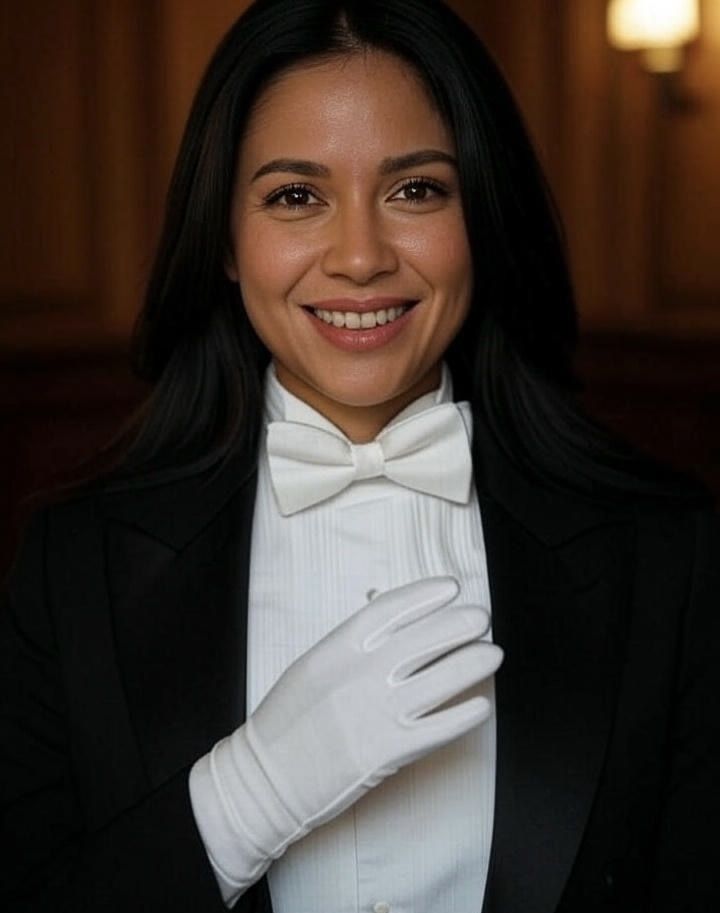 an attractive Latin woman wearing a black tuxedo, a crisp white dress shirt, a white bow tie, white gloves, a full black...