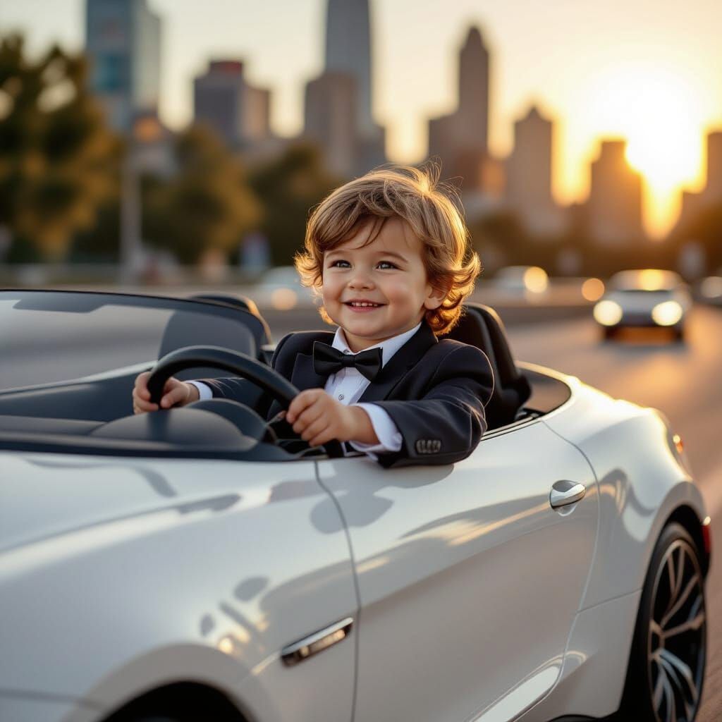 Child in Suit Drives White Car in Golden Hour Cityscape