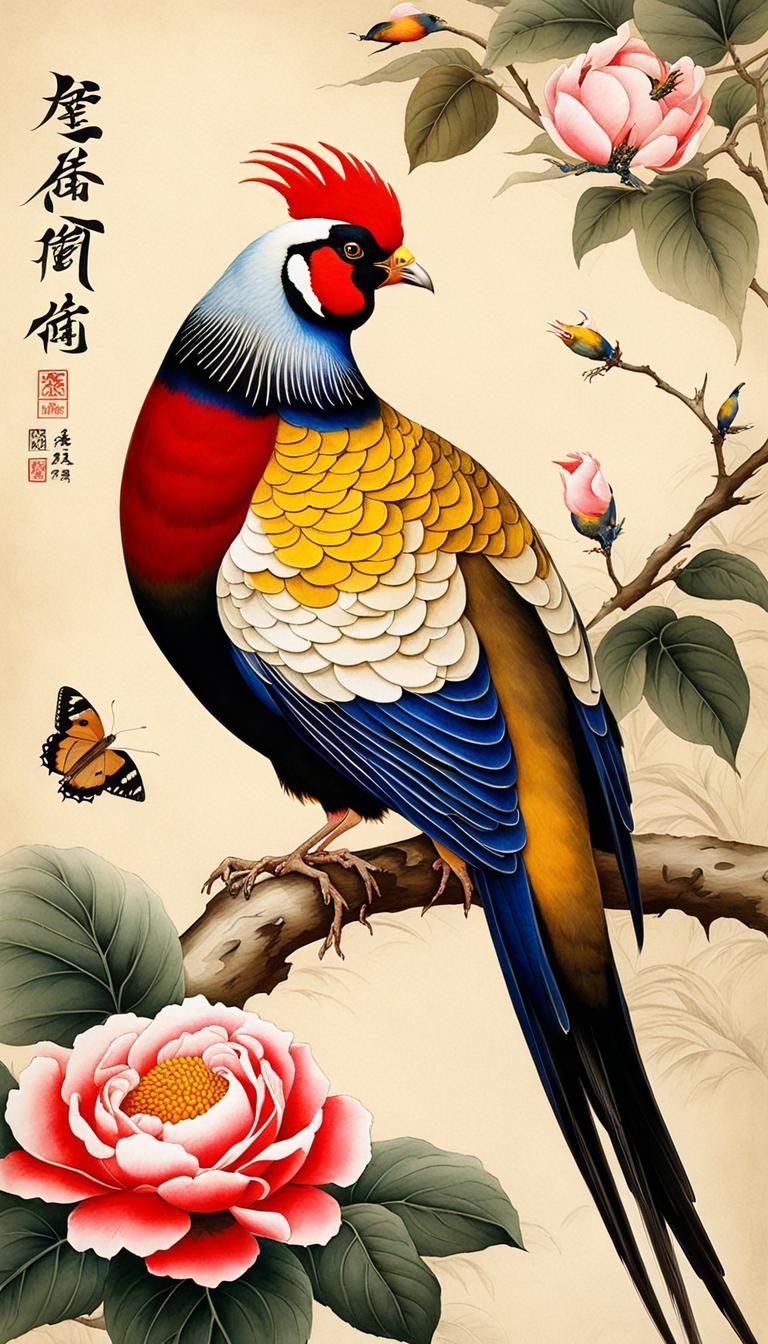 Golden Pheasant and Cotton Rose Flowers with Butterflies.   by @undefined