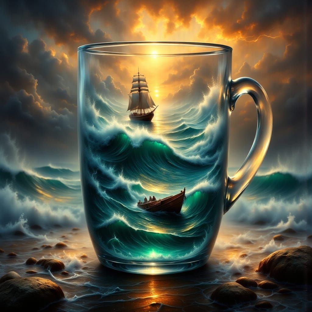Hyper-realistic digital art — A glass cup filled with a severely stormy ocean at sunset. A tall ship ...  by @Ink-and-Ether