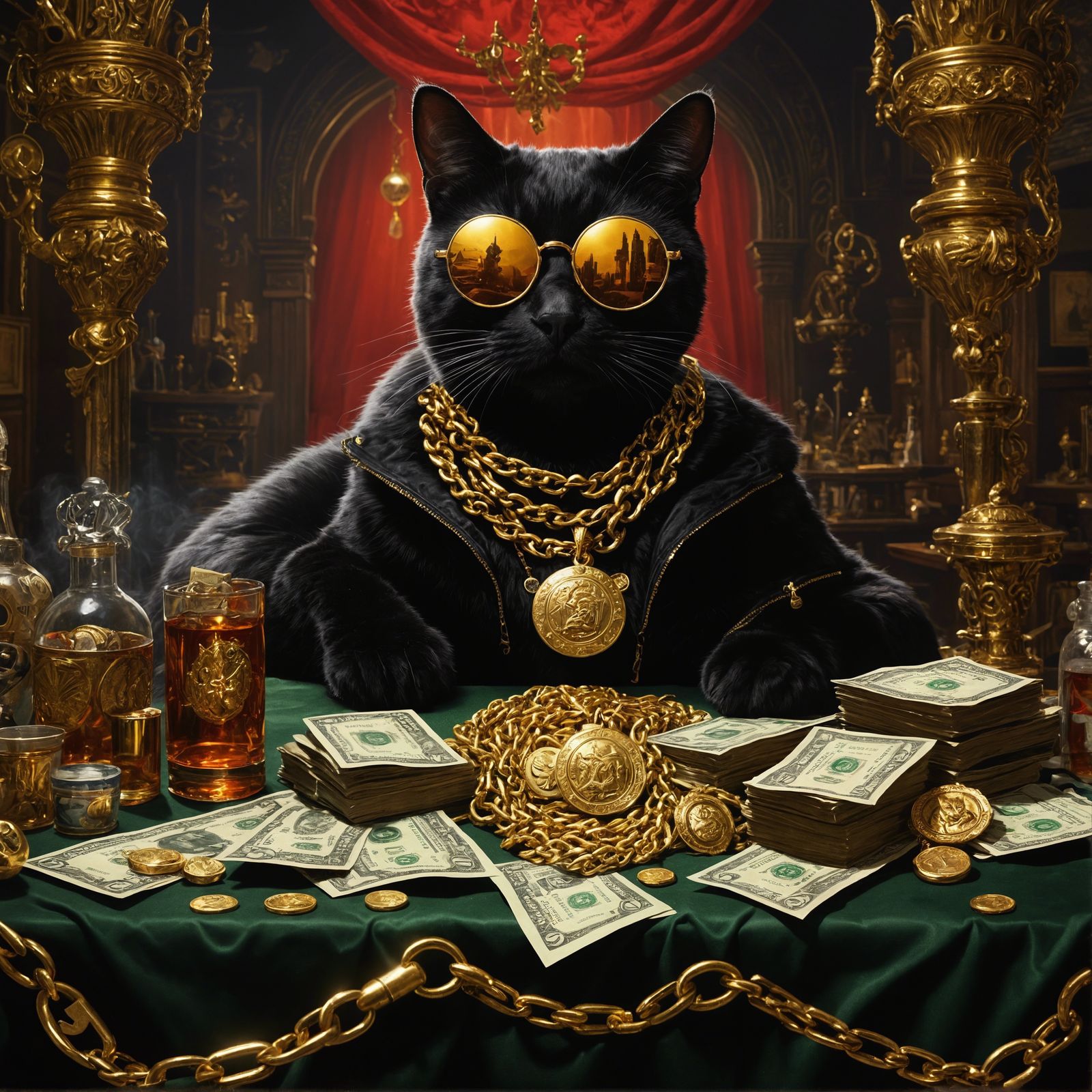 Black Cat wearing sun glasses, a gold chain with a pendant inscribed with N8 around its neck, a table sits in front of t...