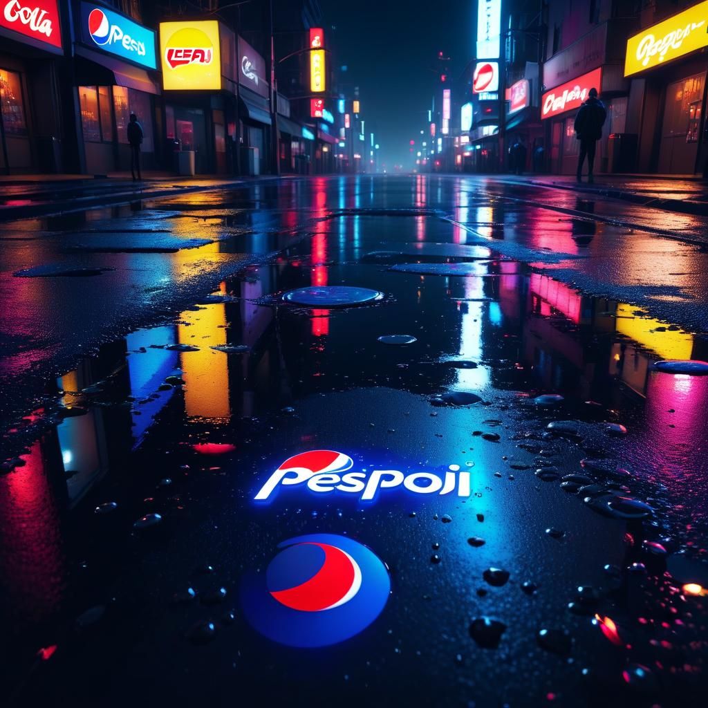 Pepsi cola brand neon ad reflected in puddles of a big night...