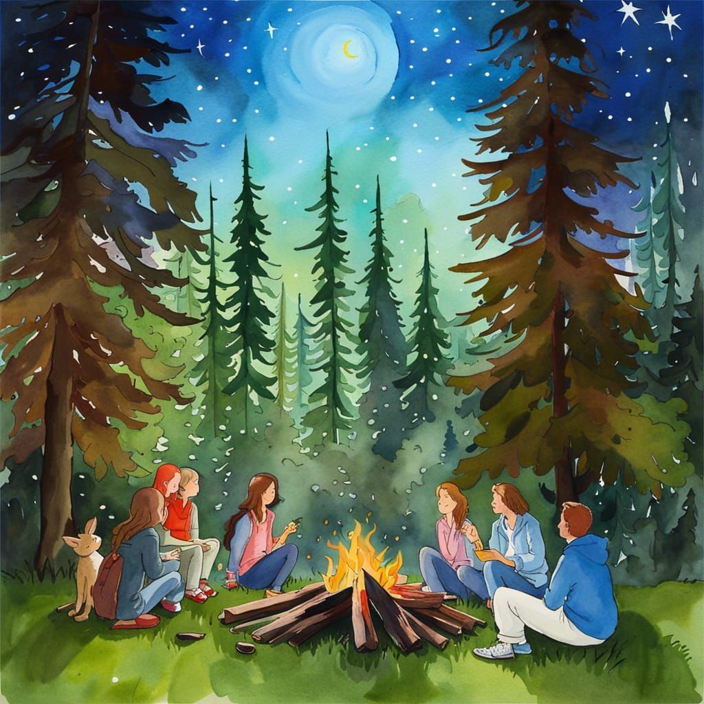 Friends by firelight in the forest
