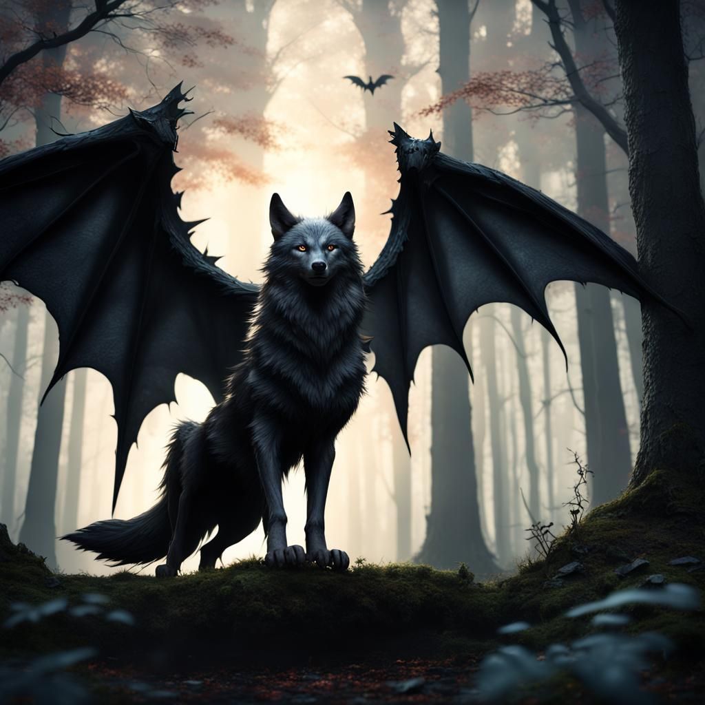 Black Wolf with huge bat wings and in a dark forest. - AI Generated ...