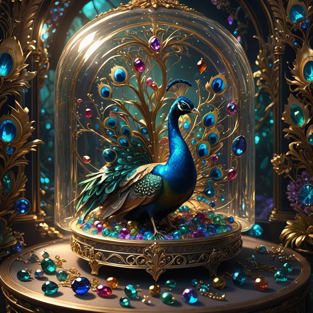 Enchanting Peacock in a Glowing Glass Jewelry Box