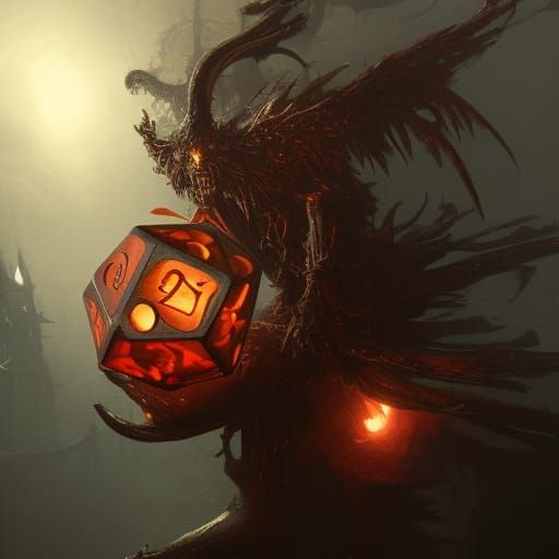 Wooden d20, cursed, evil, glowing, hyperdetailed, blood, 1