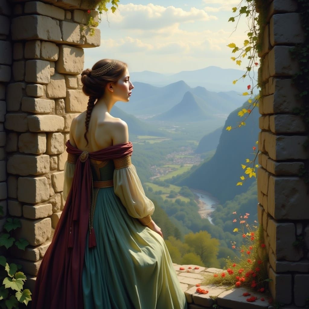 Medieval Princess in Tower Overlooking Crystal City