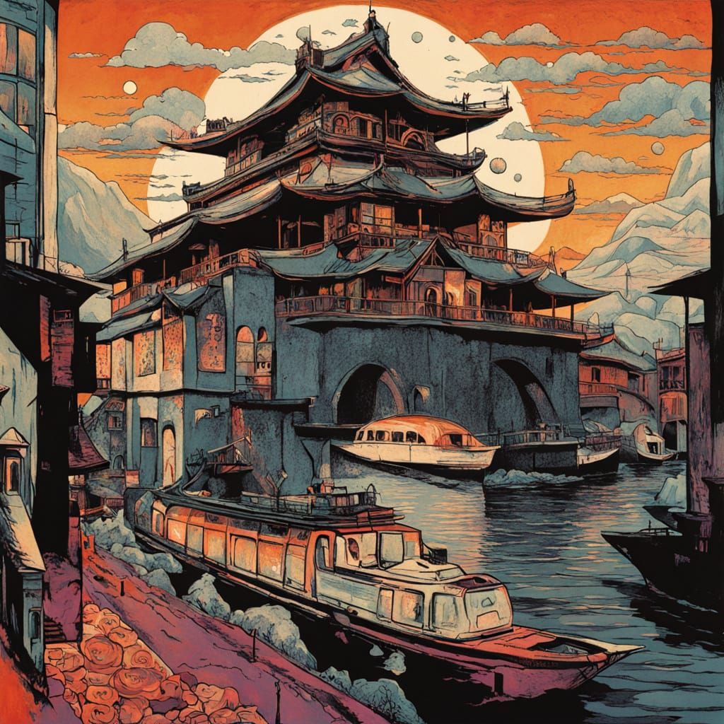 Gothic Fortress Sunset: Art Deco Meets Baroque