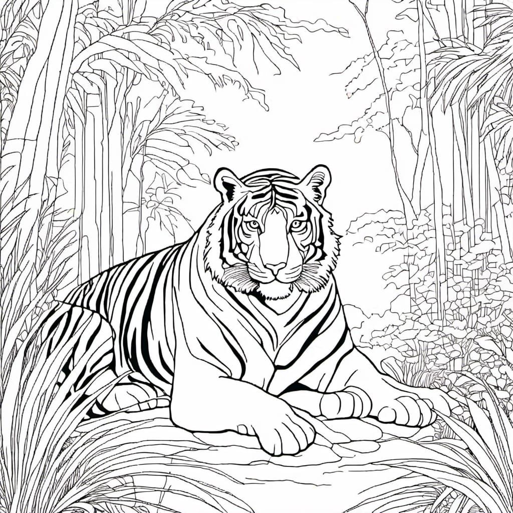 colouring page, colouring book, Magnificent Bengal Tiger in the Jungle ...