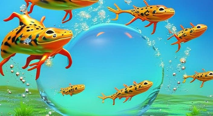Newts in a bubble of water in space Hyperrealistic, splash a...
