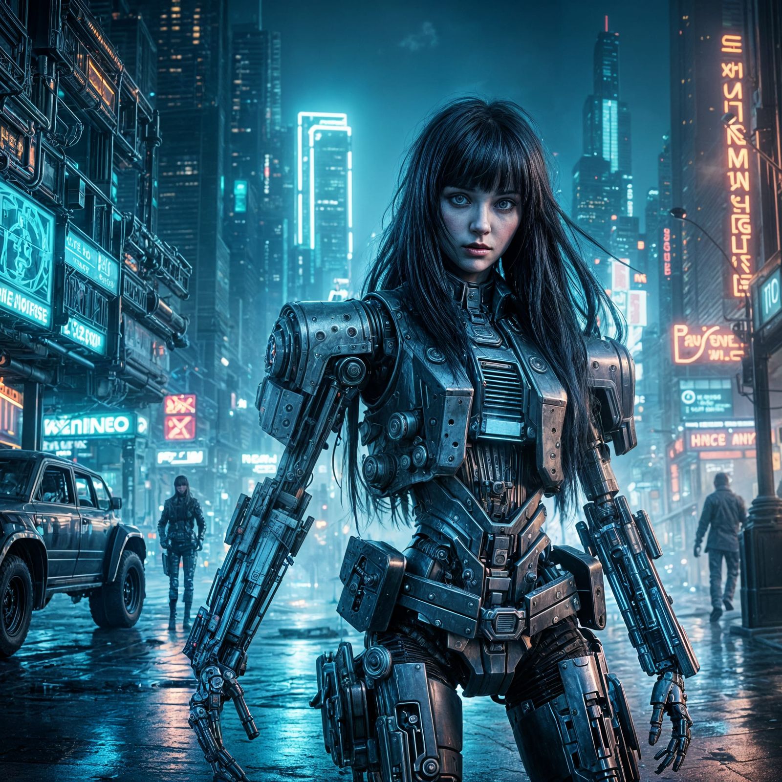 Futuristic Robot Zombie Girl in Cyberpunk City