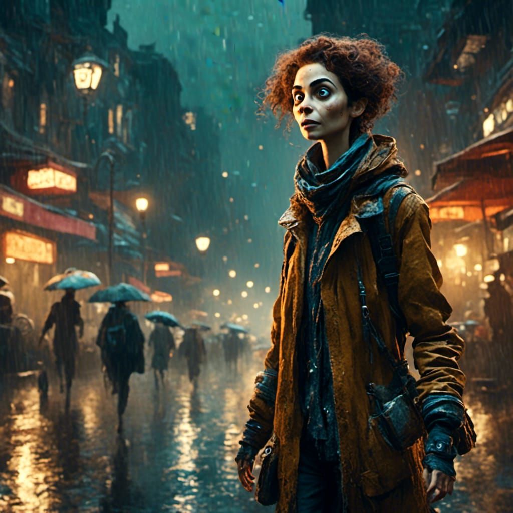Medium shot of a female sci-fi protagonist in a cyberpunk ci...